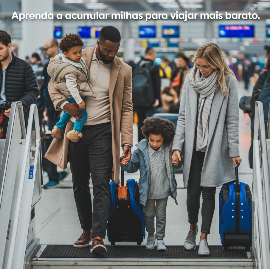 Família feliz viajando porque acumulou milhas