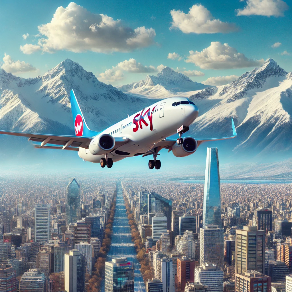 imagem realista de um avião da Sky Airline sobrevoando Santiago, com os Andes nevados ao fundo